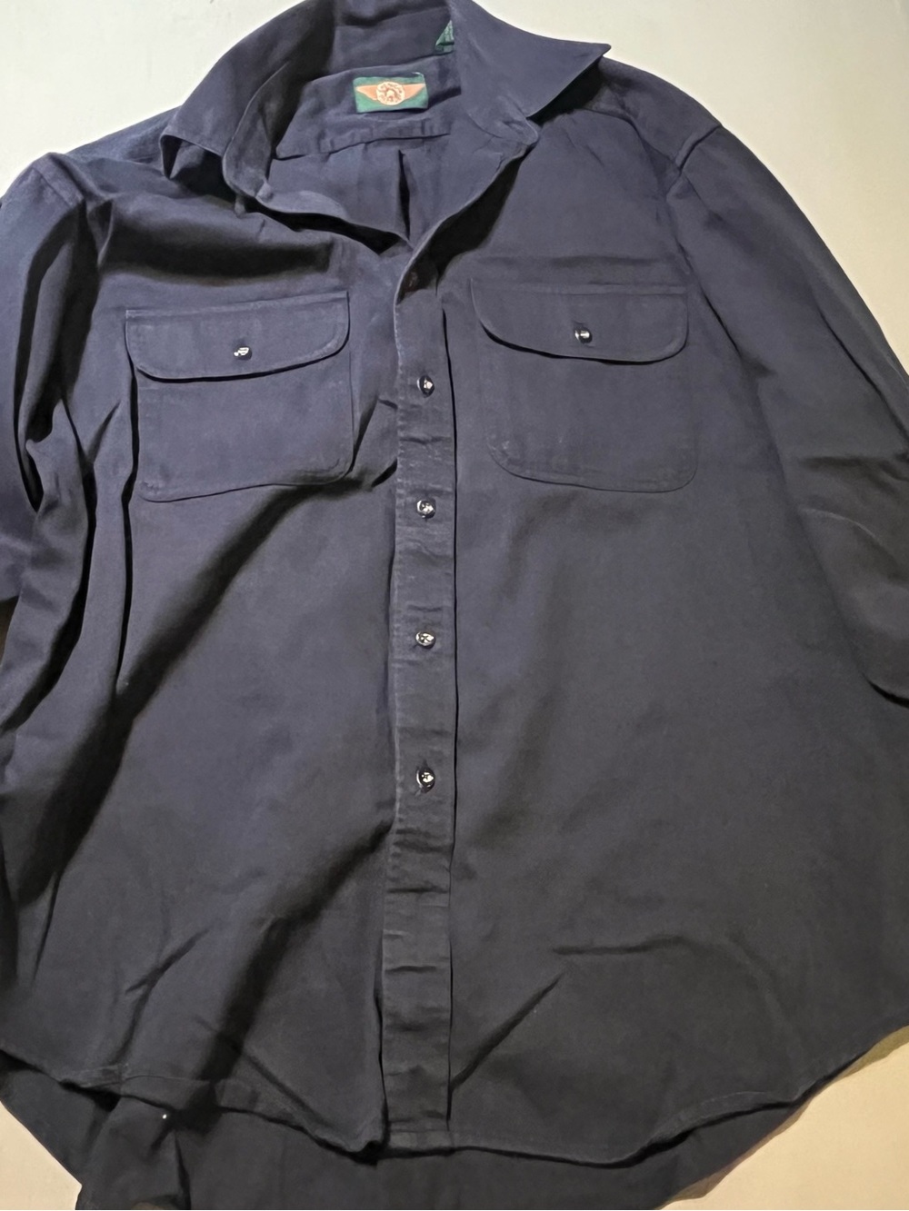 Vintage American Outpost Men L Navy Blue Cotton Twill Button Up Shirt Dual Pocke